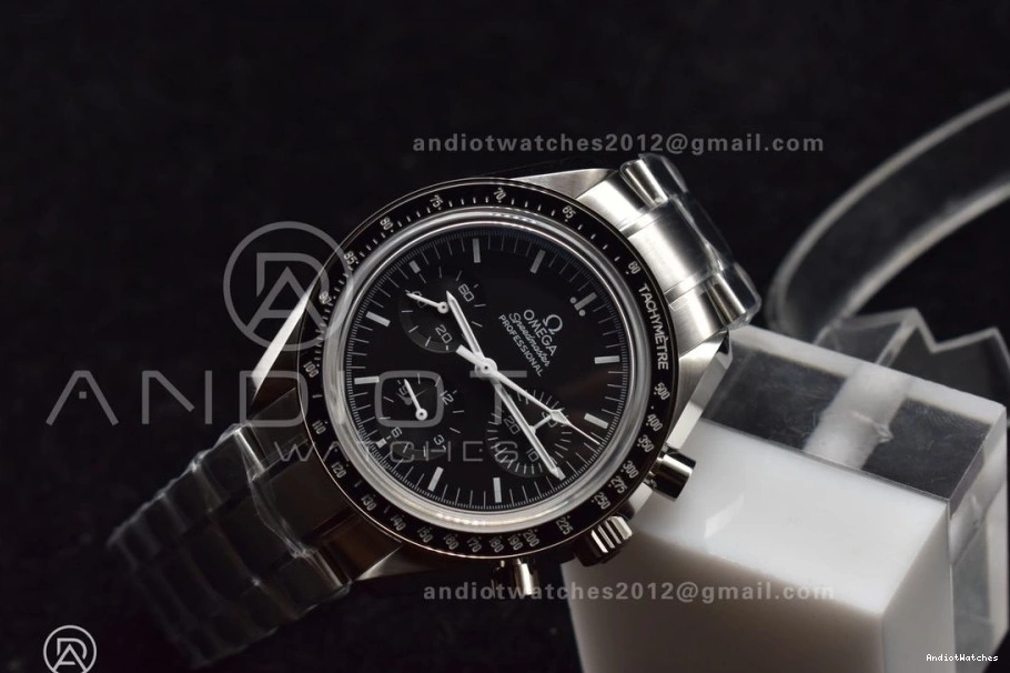 Back MoonWatch Manual SS Winding 1121 Speedmaster Effortless SS OMF Chrono Transparent Movement Black Sapphire Bracelet on Crystal Dial with 1224
